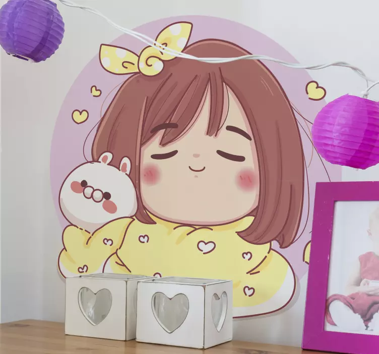 Vinilo ilustración Chica kawaii con un conejito - TenVinilo