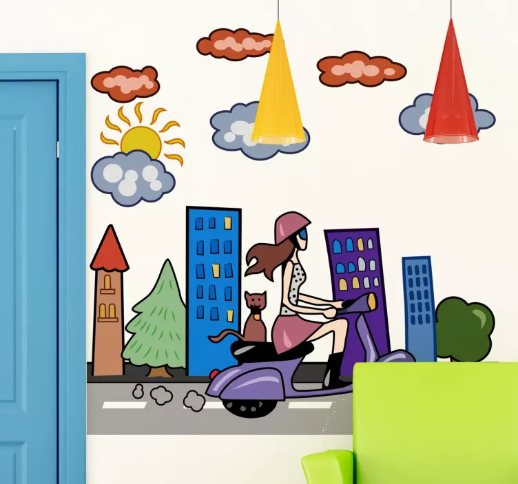 Vinilo decorativo joven urbanita en moto - TenVinilo