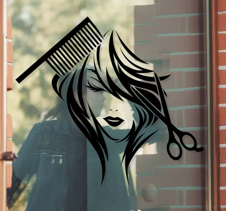 Vinilo cristal salón de belleza peine y mujer - TenVinilo