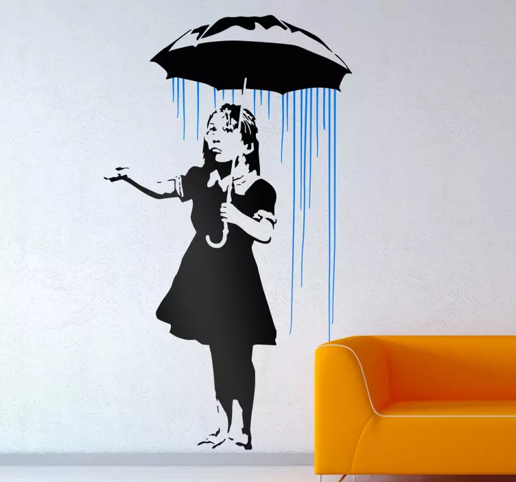 Vinilo graffiti Banksy niña bajo la lluvia - TenVinilo