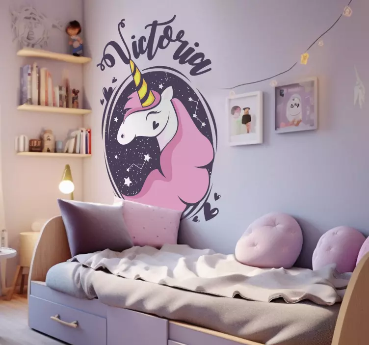 Vinilo dormitorio infantil unicornio sonriente con nombre - TenVinilo