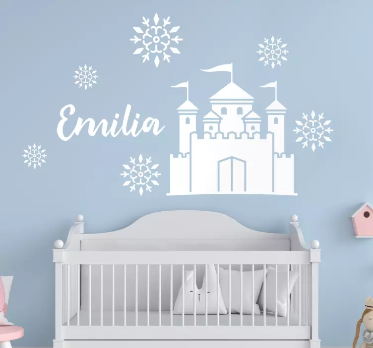 Vinilo infantil castillo personalizado y copos de nieve - TenVinilo