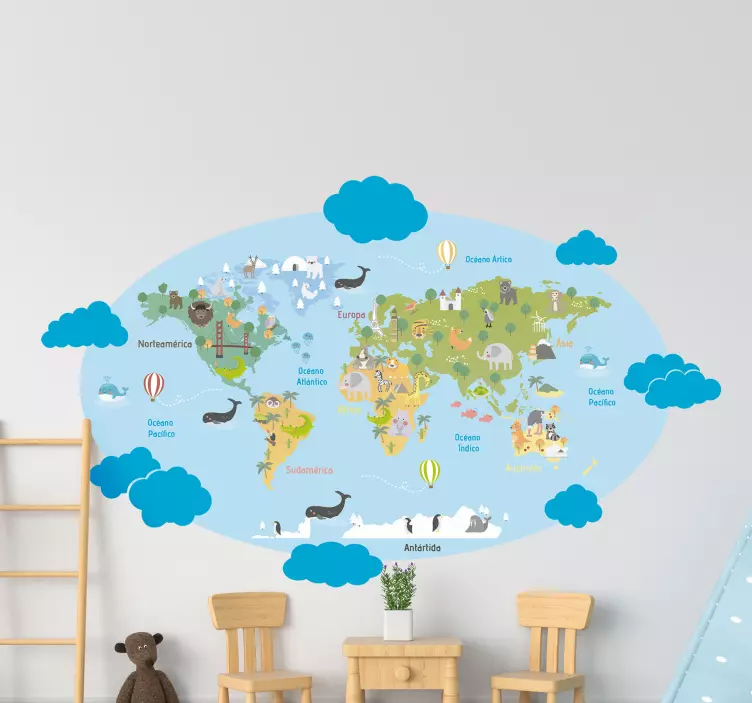 Vinilo mapa infantil animales y continentes - TenVinilo