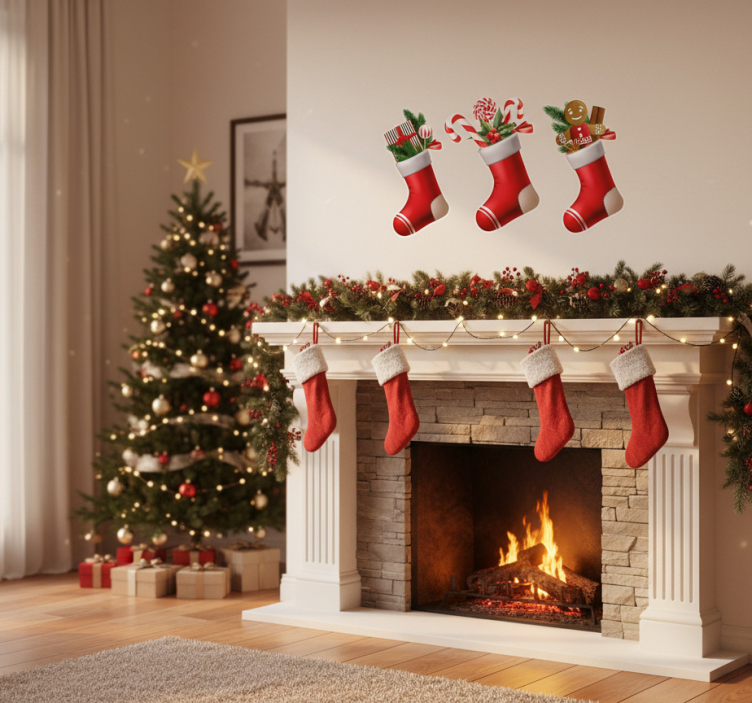 Vinilo navideño regalos de dulces en medias - TenVinilo