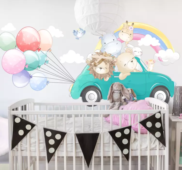 Vinilo infantil coche de aventuras con animales - TenVinilo