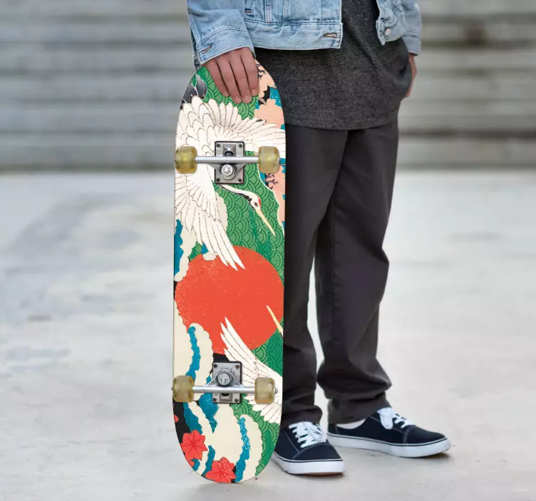 Pegatina para monopatín grullas bajo el sol naciente - TenVinilo