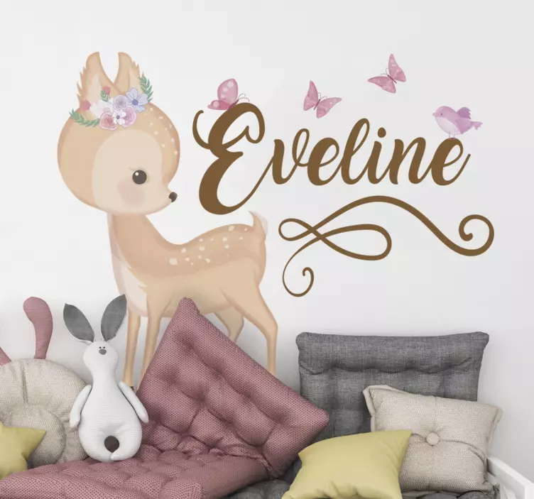 Vinilo infantil ciervo y mariposas con nombre - TenVinilo