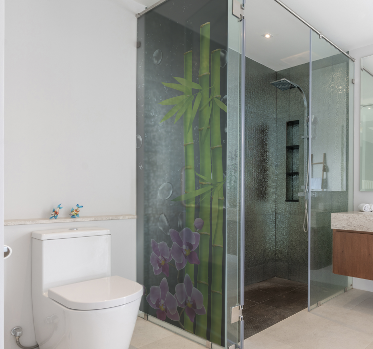 Vinilo mampara ducha cañas de bambú y flores - TenVinilo