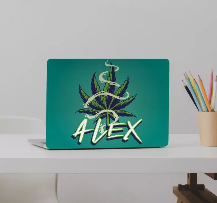 Vinilo para portátil hoja de marihuana con nombre - TenVinilo