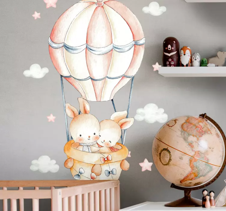 Vinilo decorativo animal Conejitos pastel en las nubes con globos - TenVinilo