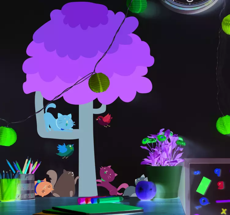 Vinilo pared árbol y cuatro gatos - TenVinilo