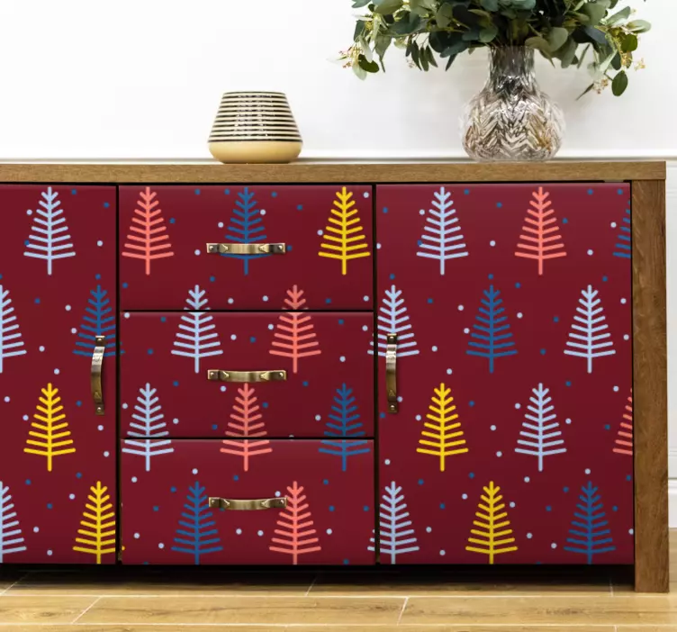 Vinilo navideño patrón colorido de pinos - TenVinilo
