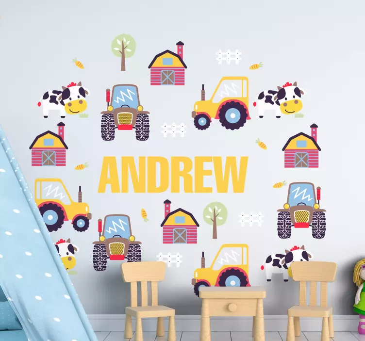 Pegatina infantiles tractores juguete con nombre - TenVinilo