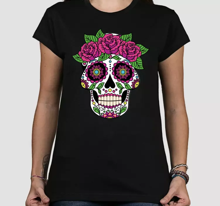 Camiseta personalizada calavera con flores mexicanas - TenVinilo