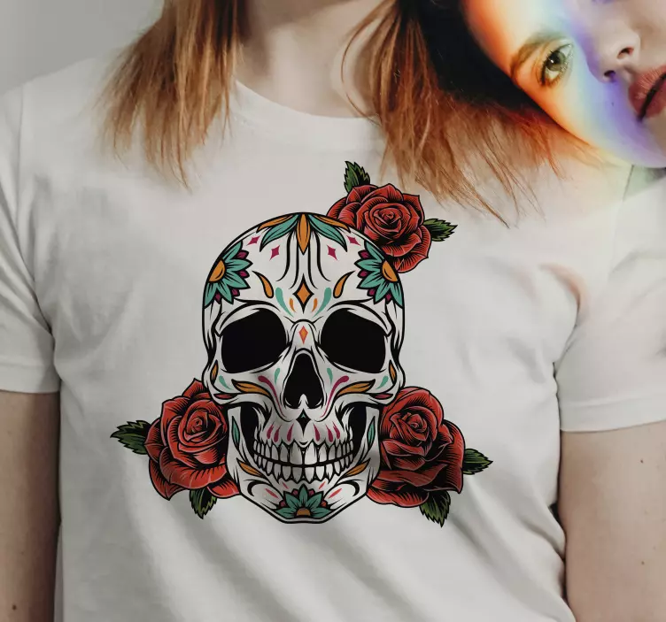 Camiseta Halloween Calavera floral estilo mexicano - TenVinilo