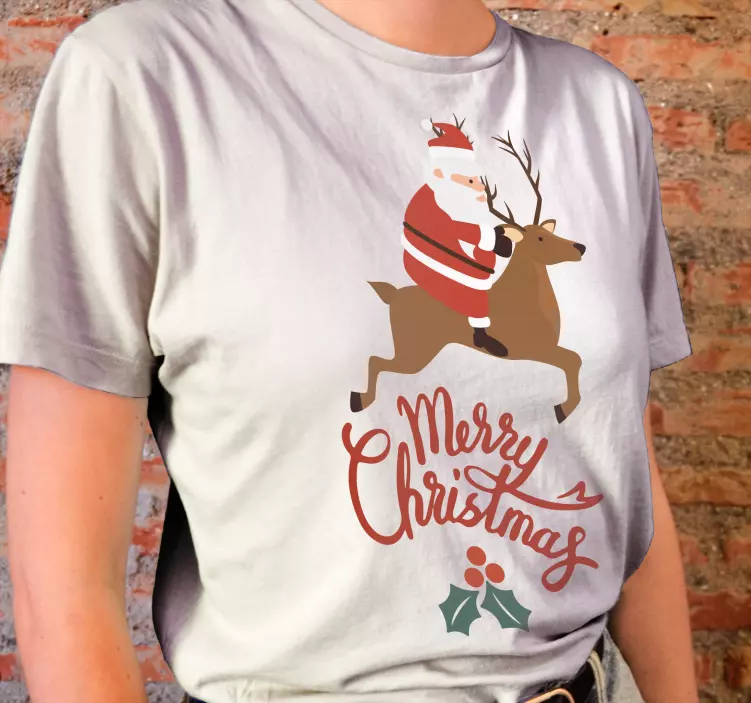 Camiseta navideña papá noel montando reno - TenVinilo