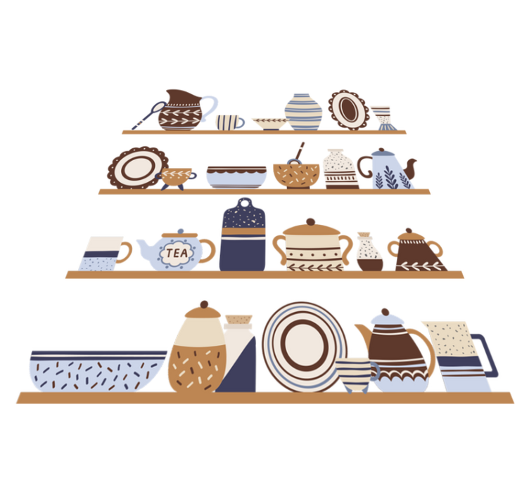 Alfombra vinílica cocina estanterías con vajilla - TenVinilo