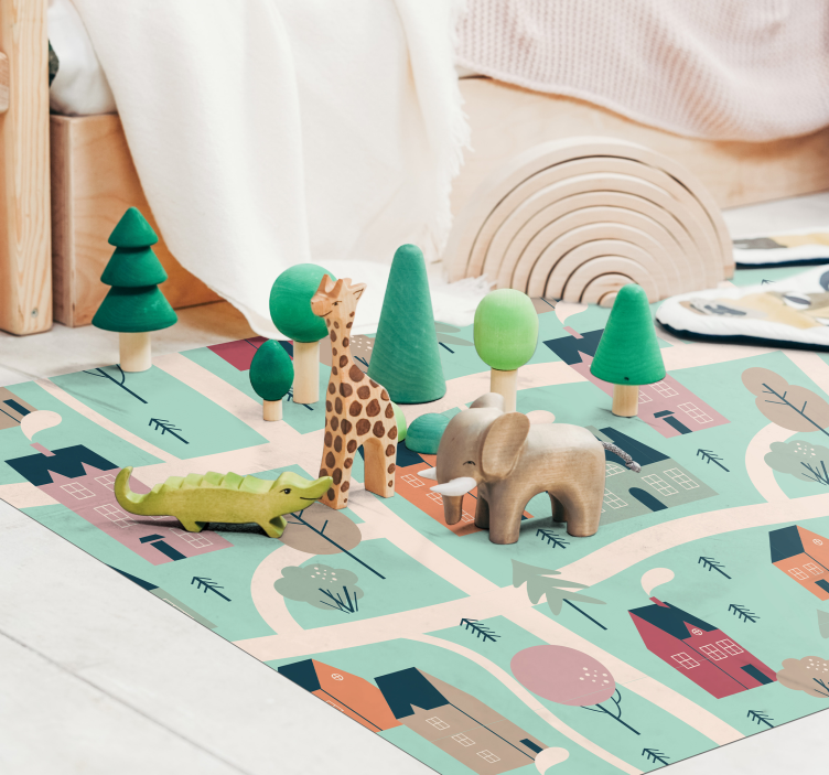 Alfombra de vinilo infantil los niños juegan al pueblo - TenVinilo