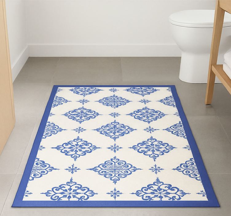 Alfombra vinílica azul azulejos marroquíes beige - TenVinilo