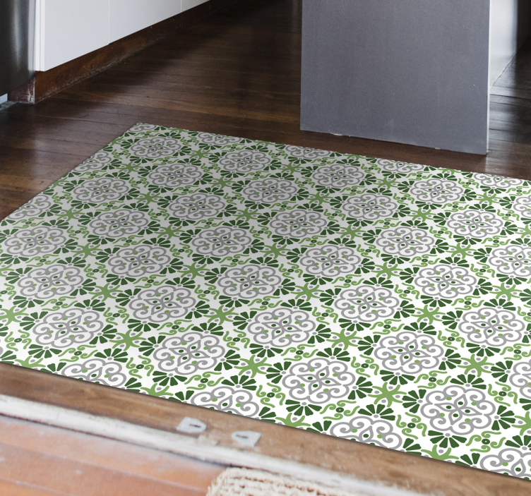Alfombra vinílica cocina mosaico floral verde - TenVinilo