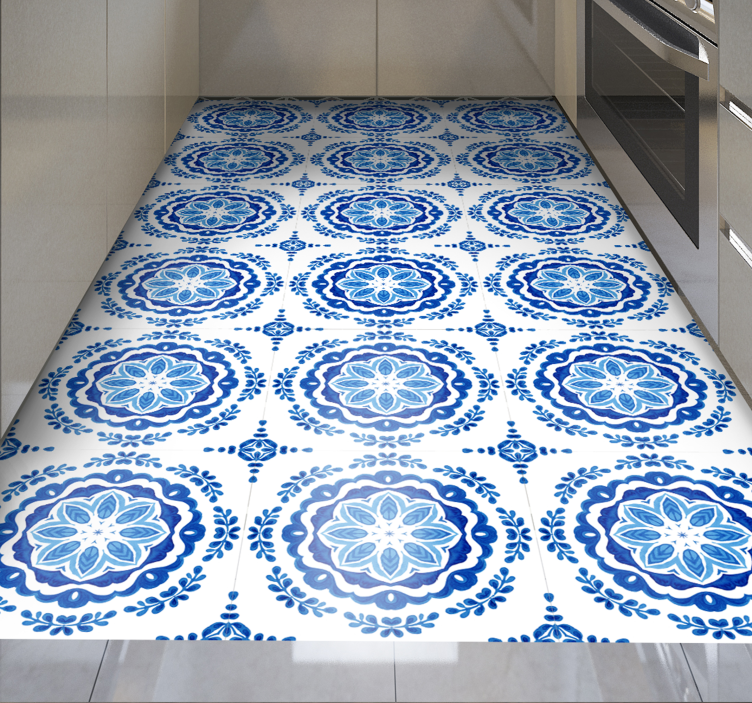 Alfombra vinílica cocina motivos de flores azules - TenVinilo