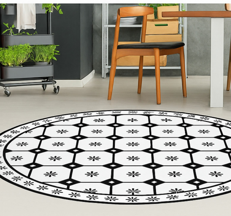 Alfombra vinílica comedor patrón de mosaico en blanco y negro - TenVinilo