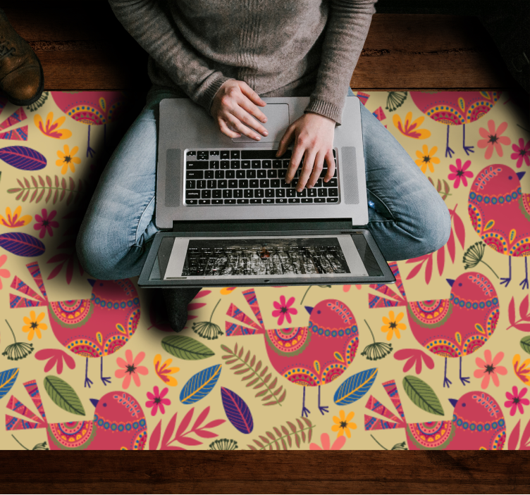 Alfombra vinílica flores motivos de pájaros coloridos - TenVinilo