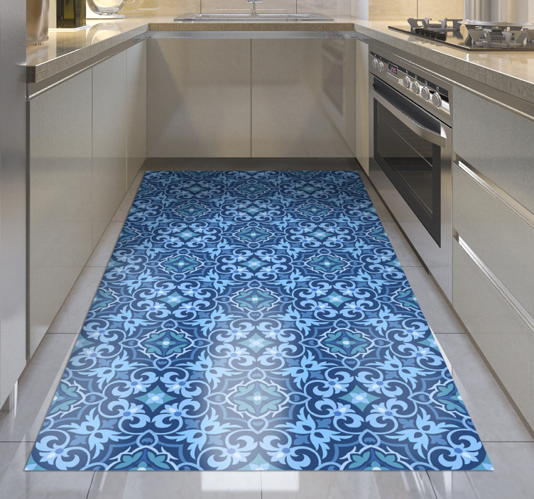 Alfombra vinílica azulejos patrón azul ornamental - TenVinilo