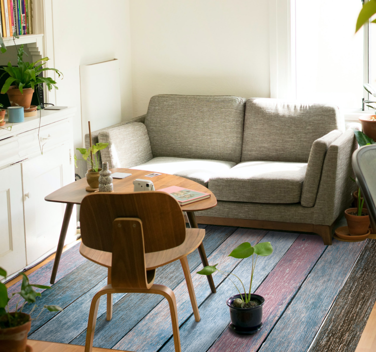 Alfombra vinílica textura madera tablones azules y rosas - TenVinilo