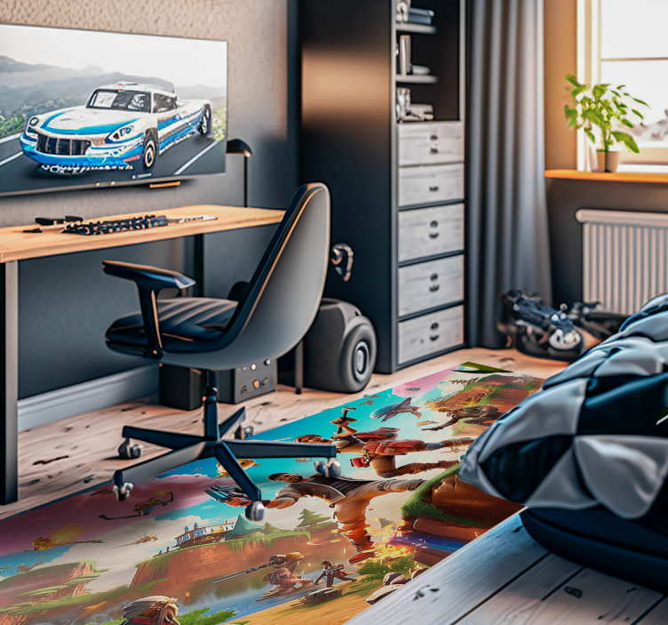 Alfombra vinilo dormitorio personajes de videojuegos en acción - TenVinilo