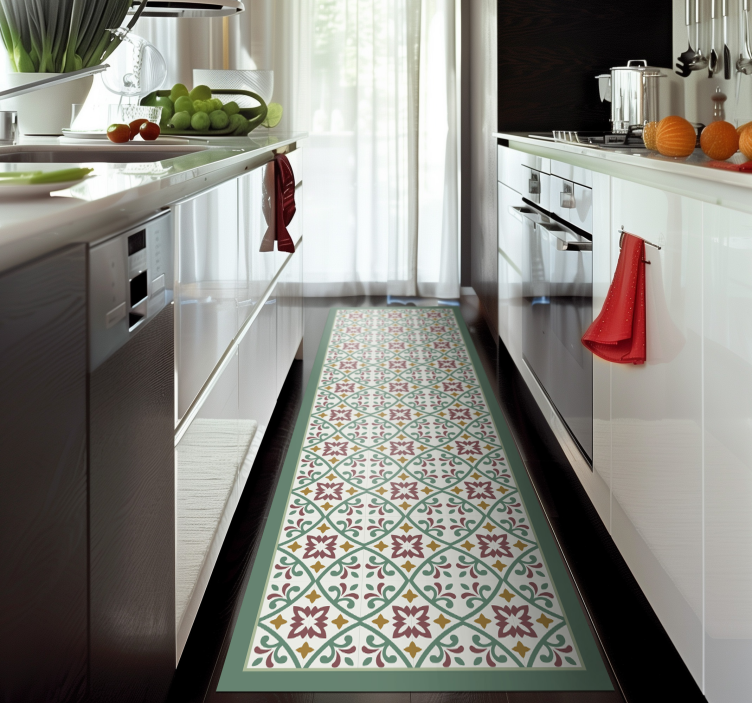 Alfombra vinilo cocina flor clásica roja y verde - TenVinilo