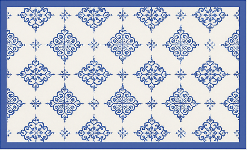 Alfombra vinílica azul azulejos marroquíes beige - TenVinilo