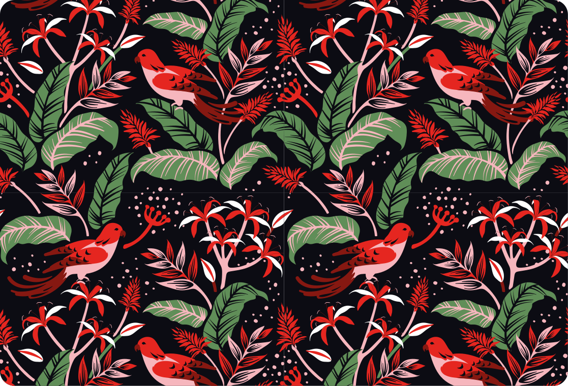 Alfombra vinílica animales hojas rojas y rosas - TenVinilo