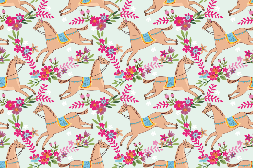 Alfombra vinílica animales patrón caballo flores rosas - TenVinilo