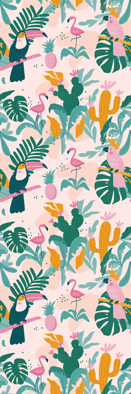 Alfombra vinílica animales pájaros verdes sobre fondo rosa - TenVinilo