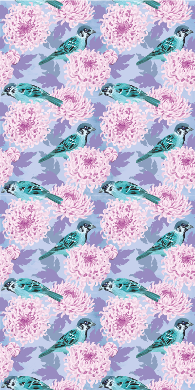 Alfombra vinílica flores jardín rosa con aves - TenVinilo