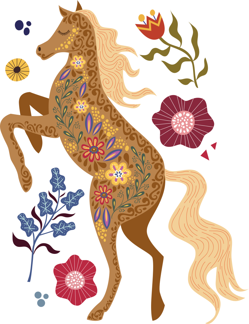 Alfombra vinílica flores ilustración de folklore de caballos - TenVinilo