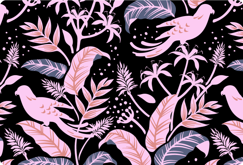 Alfombra vinílica flores pájaros negros y rosas en hojas - TenVinilo