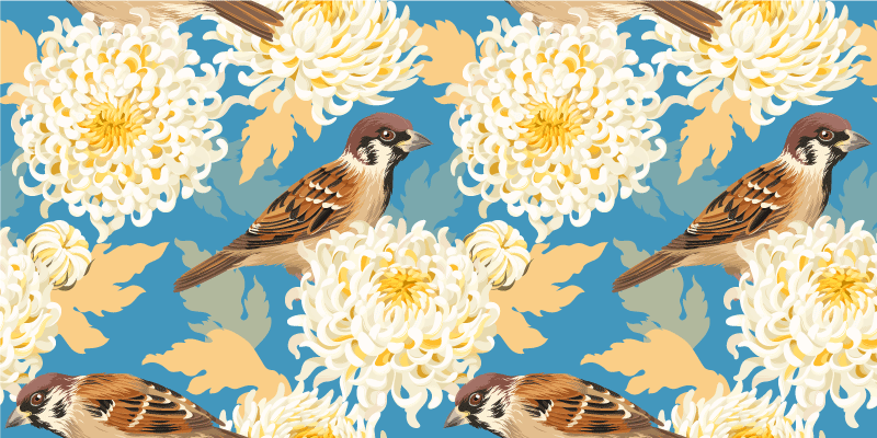 Alfombra vinílica flores diseño acuarela aves y hojas - TenVinilo