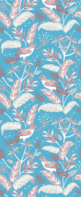 Alfombra vinílica dormitorio hojas tropicales azules y rosas - TenVinilo