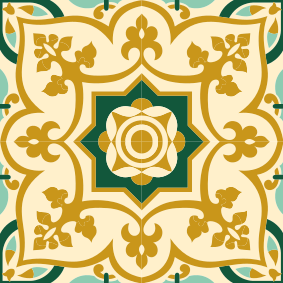 Alfombra vinílica baño patrón azulejos dorados y verdes - TenVinilo