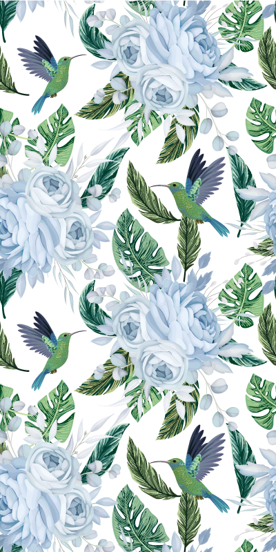 Alfombra vinílica cocina flores de jardín azules con pájaros - TenVinilo