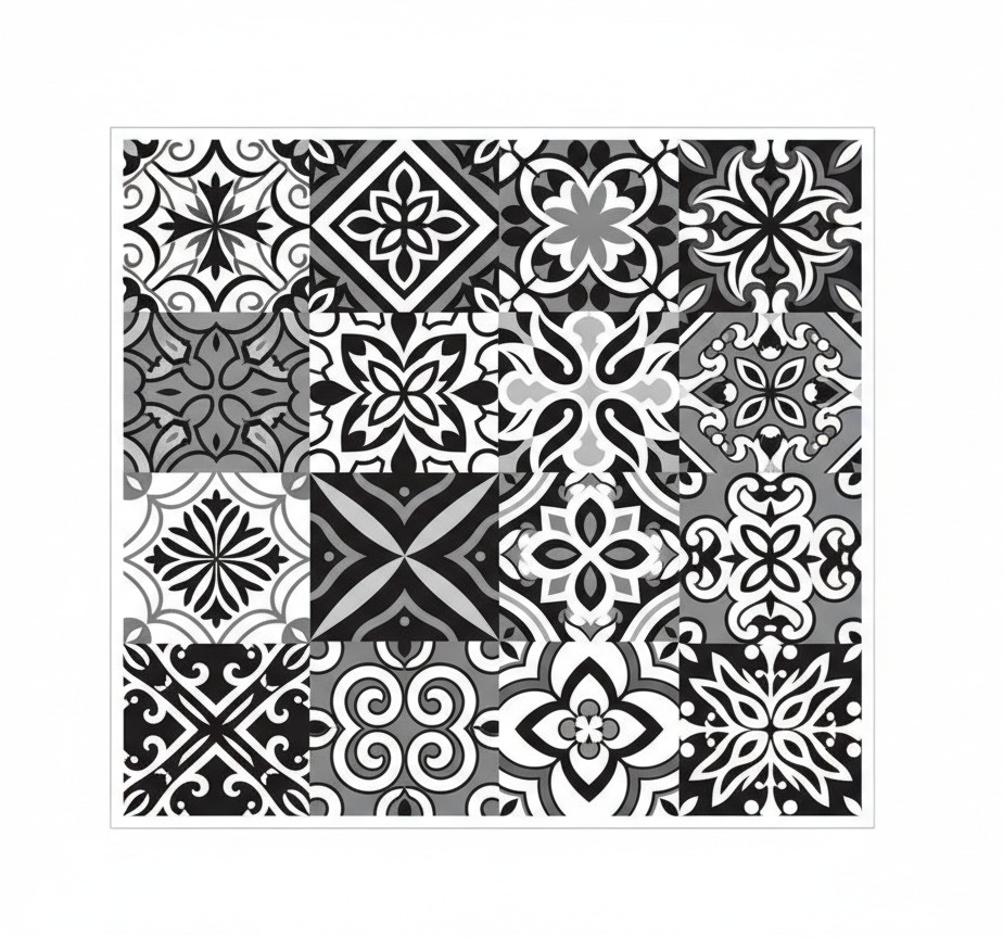 Alfombra vinílica cocina geométricos en contraste negro - TenVinilo