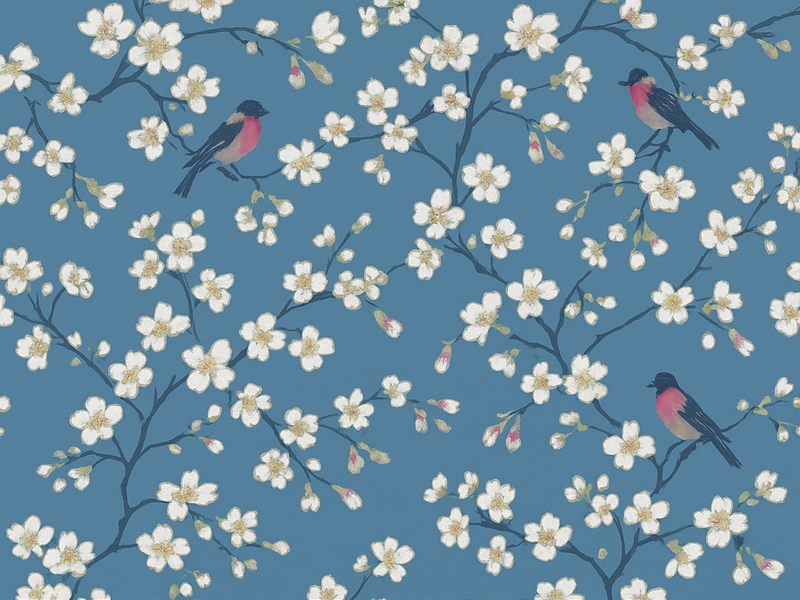 Alfombra vinílica naturaleza pájaros del huerto azul - TenVinilo
