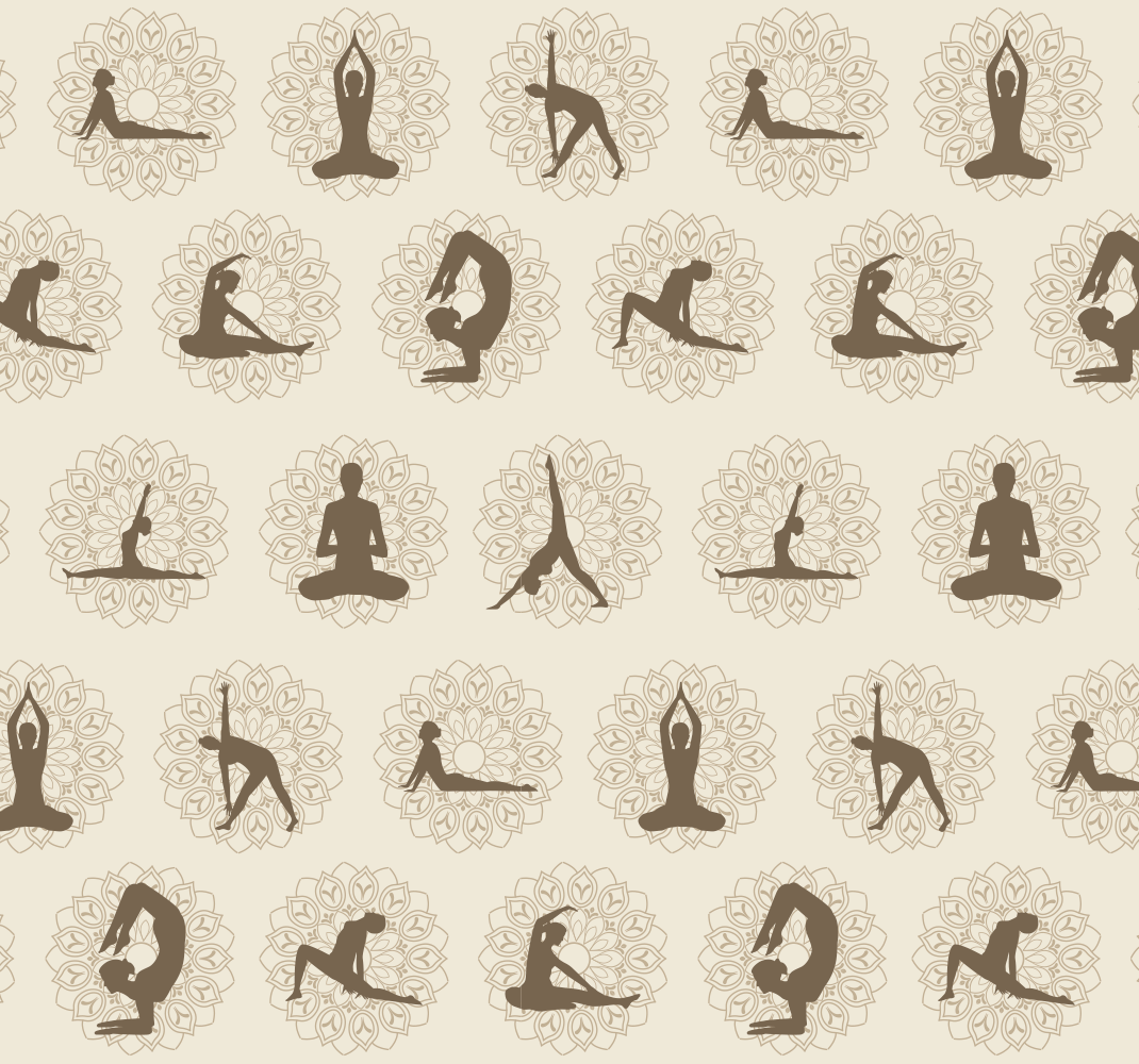 Alfombra vinílica beige iconos de yoga marrones - TenVinilo