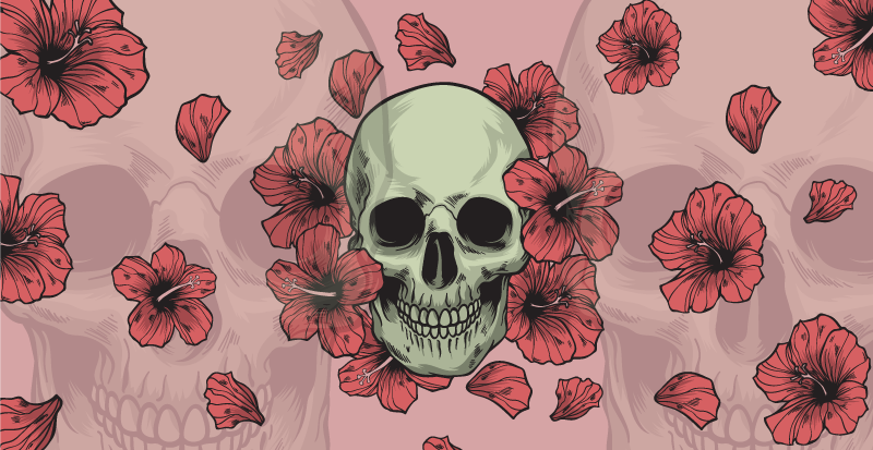 Alfombra vinílica Halloween superposición floral de calavera - TenVinilo