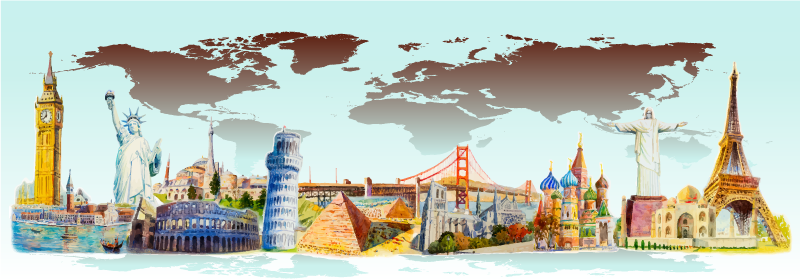 Alfombra de vinilo mapamundi collage de monumentos coloridos - TenVinilo