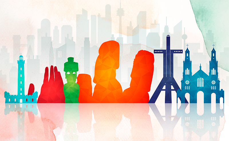 Alfombra vinílica oficina siluetas coloridas del horizonte - TenVinilo