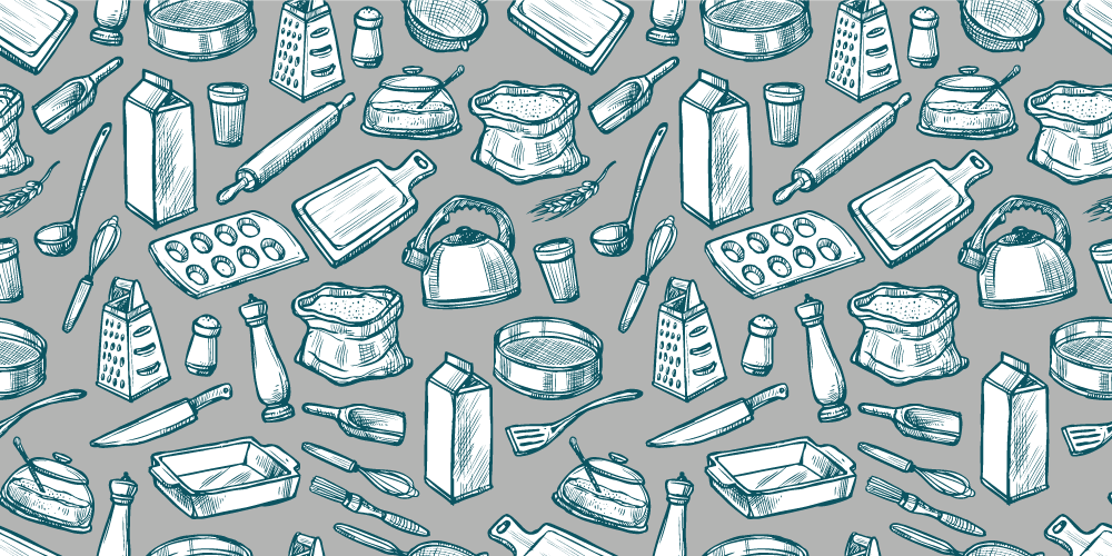 Alfombra vinílica cocina patrón de utensilios de cocina - TenVinilo