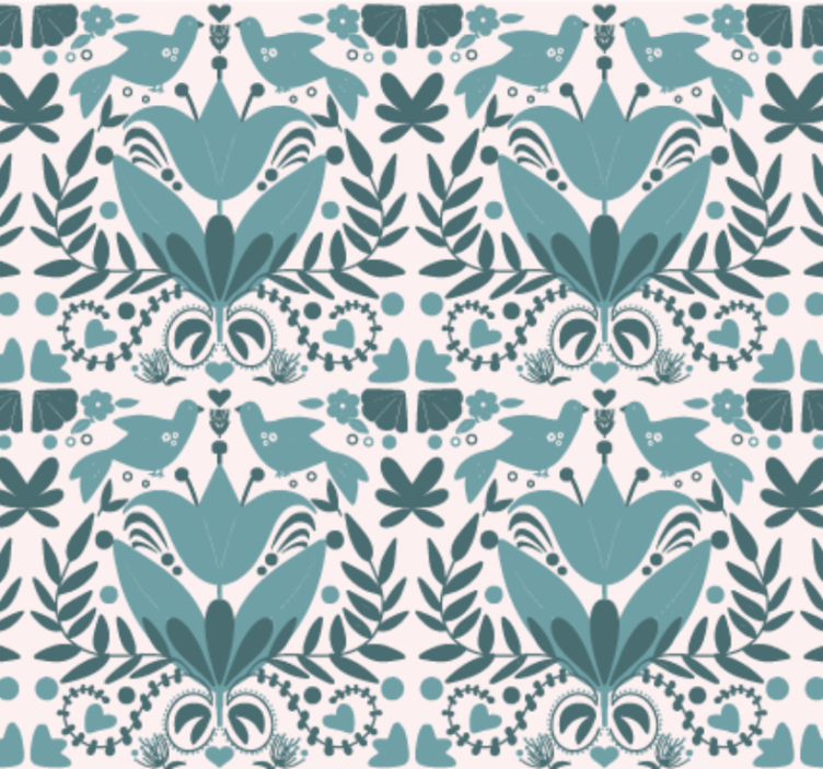 Papel tapiz cocina patrón folclórico azul con aves - TenVinilo